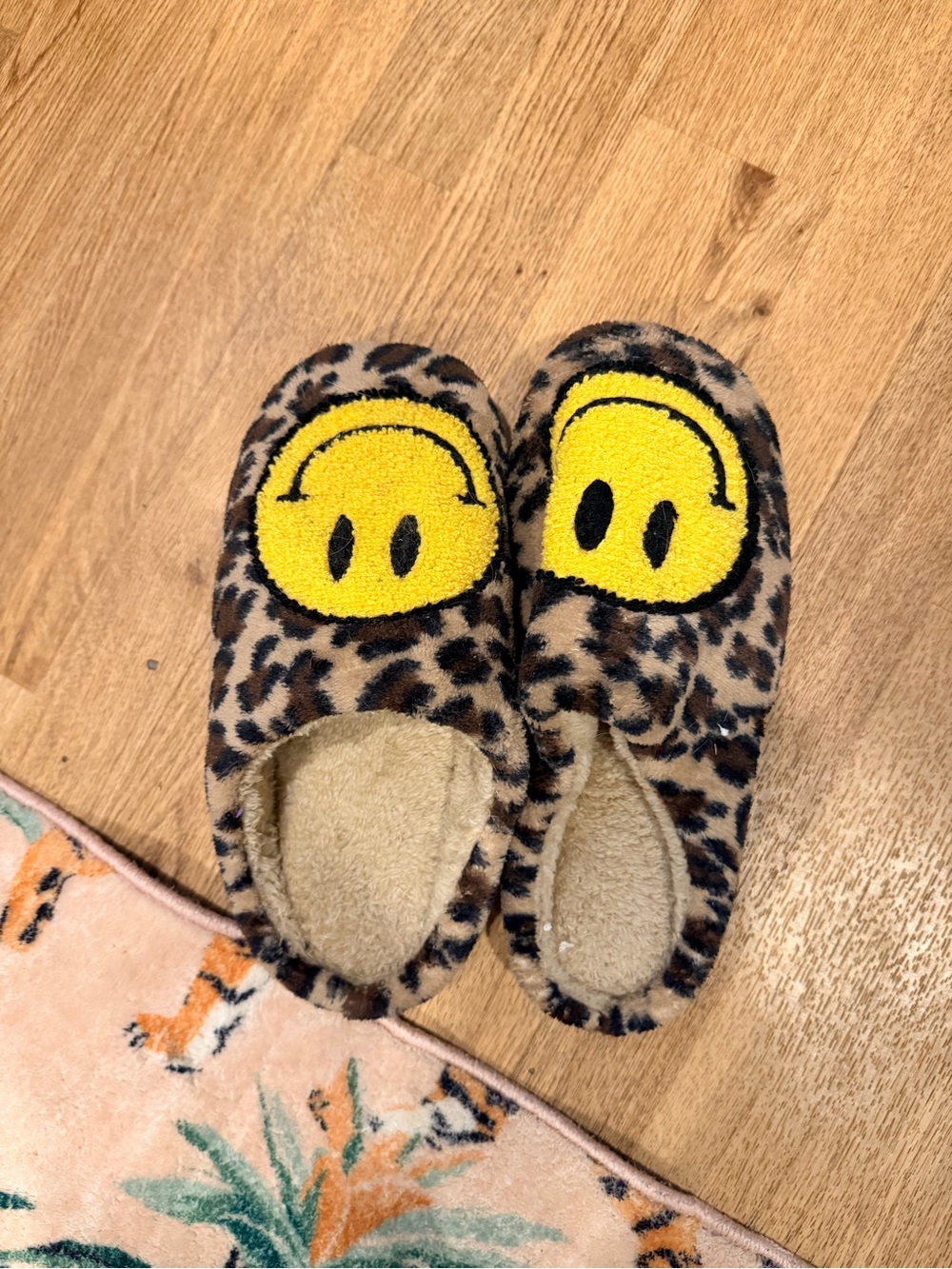 Leopard Print Slippers with Smiley Face
